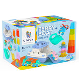 UTOYZ Ferry Fun & Friends Playset | Ferry Boat with Helicopter and 4 Cars | Baby Bath Toys for Toddlers with Stacking Cups | Baby Water Toy with Bath Watermill and Watering Can for Girls and Boys