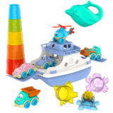 UTOYZ Ferry Fun & Friends Playset | Ferry Boat with Helicopter and 4 Cars | Baby Bath Toys for Toddlers with Stacking Cups | Baby Water Toy with Bath Watermill and Watering Can for Girls and Boys