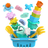 Utoyz Splash & Sand Adventure Set | 18 pcs Stacking Cups Baby Toy with Bucket and Toddler Watering Can | Sand Moulds with Rake and Shovel | Baby Bath Toys in Plastic Basket | Sea Animal Shapes Stacking Bath Toy with Watermill for Girls and Boys