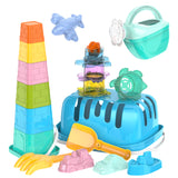 Utoyz Splash & Sand Adventure Set | 18 pcs Stacking Cups Baby Toy with Bucket and Toddler Watering Can | Sand Moulds with Rake and Shovel | Baby Bath Toys in Plastic Basket | Sea Animal Shapes Stacking Bath Toy with Watermill for Girls and Boys