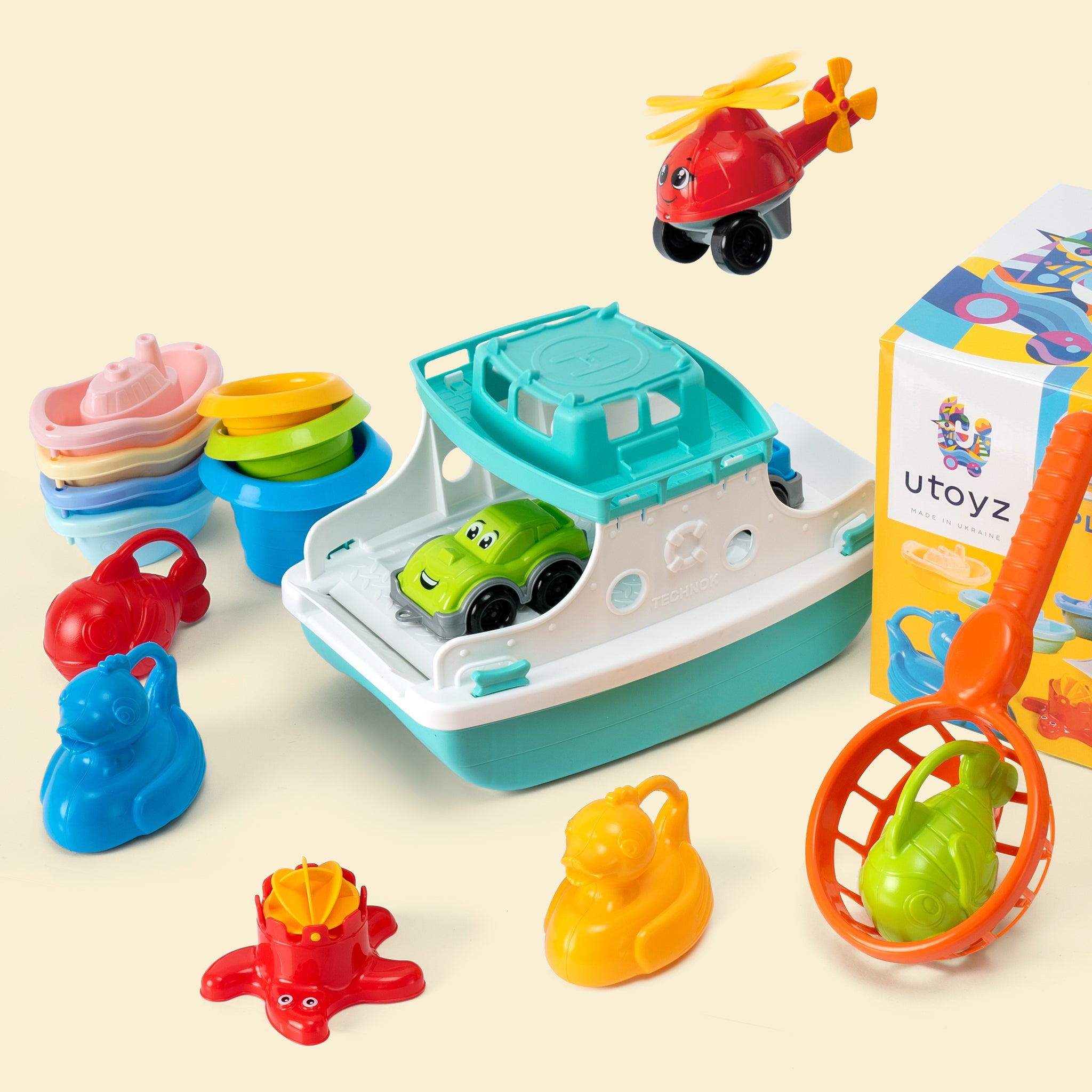 Ferry Boat Toys Set with Helicopter 2 Cars | Baby Bath Toys for