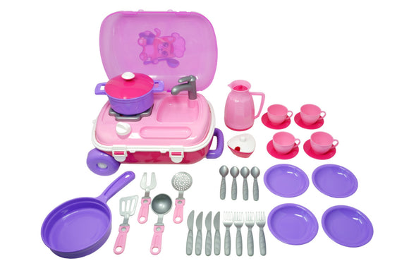 TECHNOK Kitchen Playset with Rolling Suitcase (34 Pieces) - Portable Cooktop Sink Combo Set